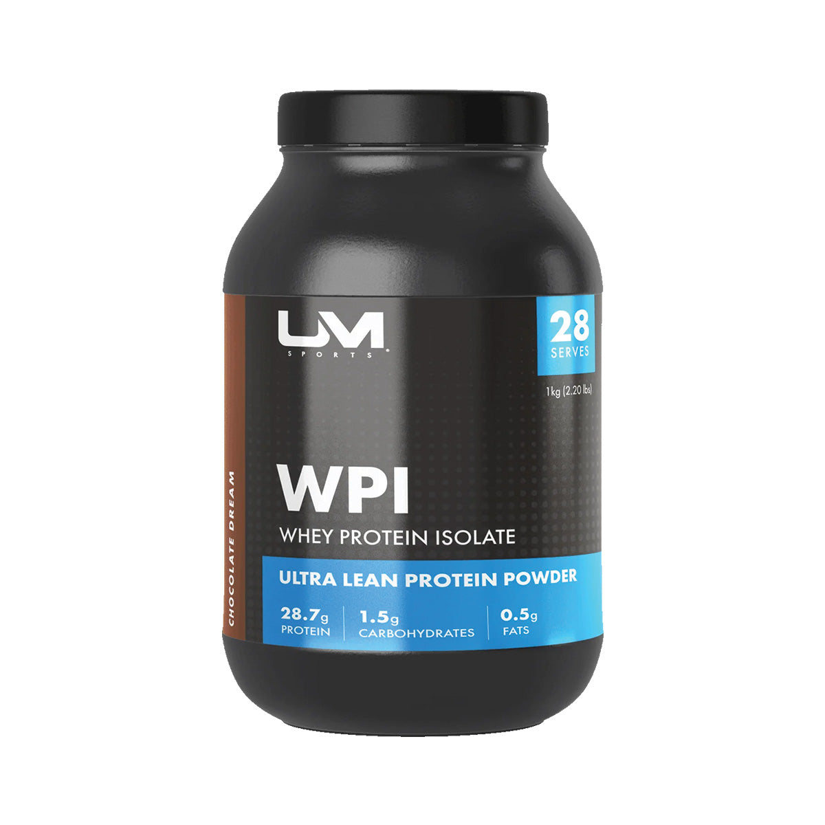 UM Sports皇牌分離乳清蛋白粉 1公斤朱古力味，含28.5克蛋白質，低卡高吸收，適合運動人士。