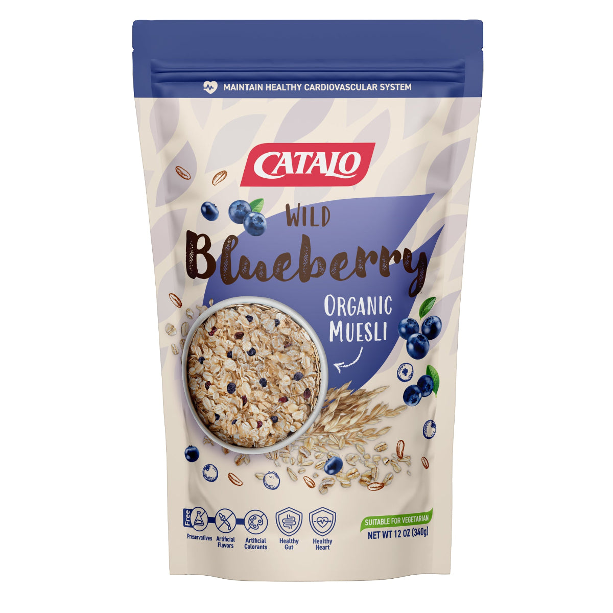 CATALO家得路野生藍莓燕麥早餐 340克，含澳洲有機燕麥及藍莓乾，穩定膽固醇，促進心血管健康，適合素食者。