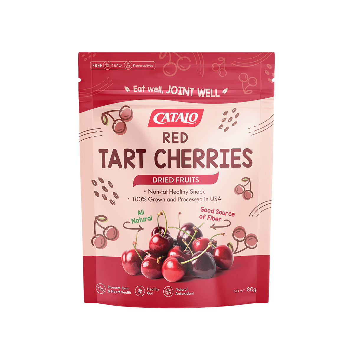 CATALO家得路美國天然紅櫻桃乾 80克袋裝，含褪黑素，改善睡眠及關節健康，無脂肪，適合素食者。