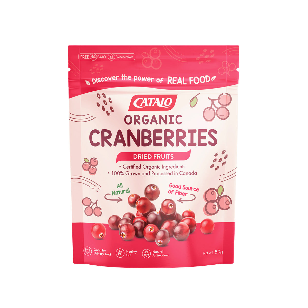 CATALO家得路天然有機小紅莓乾 80克袋裝，含前花青素，維持尿道及心血管健康，無添加，適合素食者。