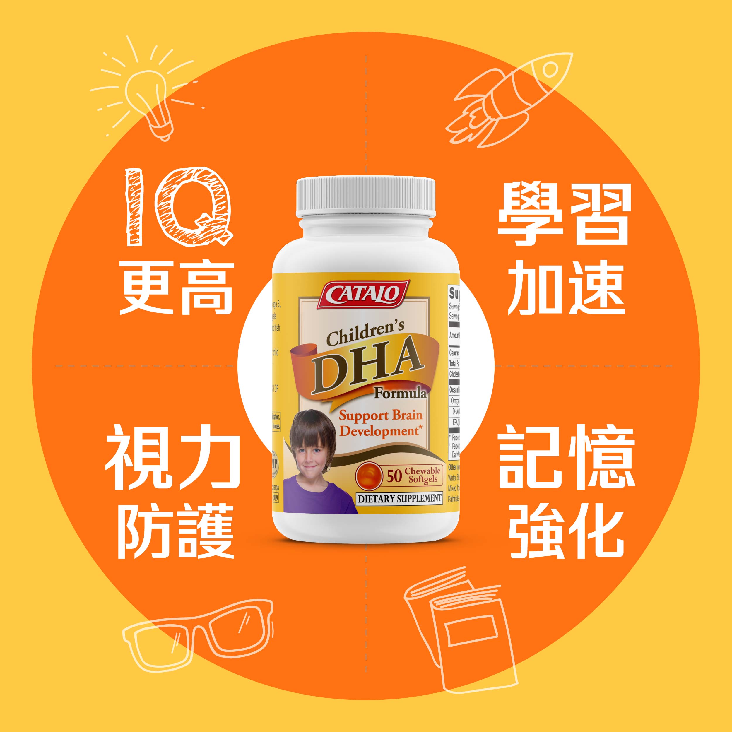 CATALO家得路兒童DHA活腦補眼配方 60粒，含高純度深海魚油，促進腦部及視力發展，改善過敏體質，適合6個月以上兒童。