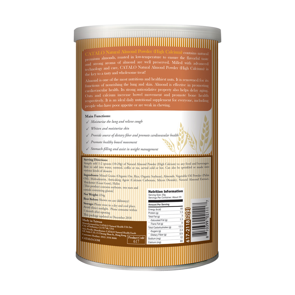 CATALO家得路天然高鈣杏仁粉 454克，含鈣質及燕麥，潤肺美膚，促進心臟健康，潤腸通便，適合素食者及關注咽喉人士。