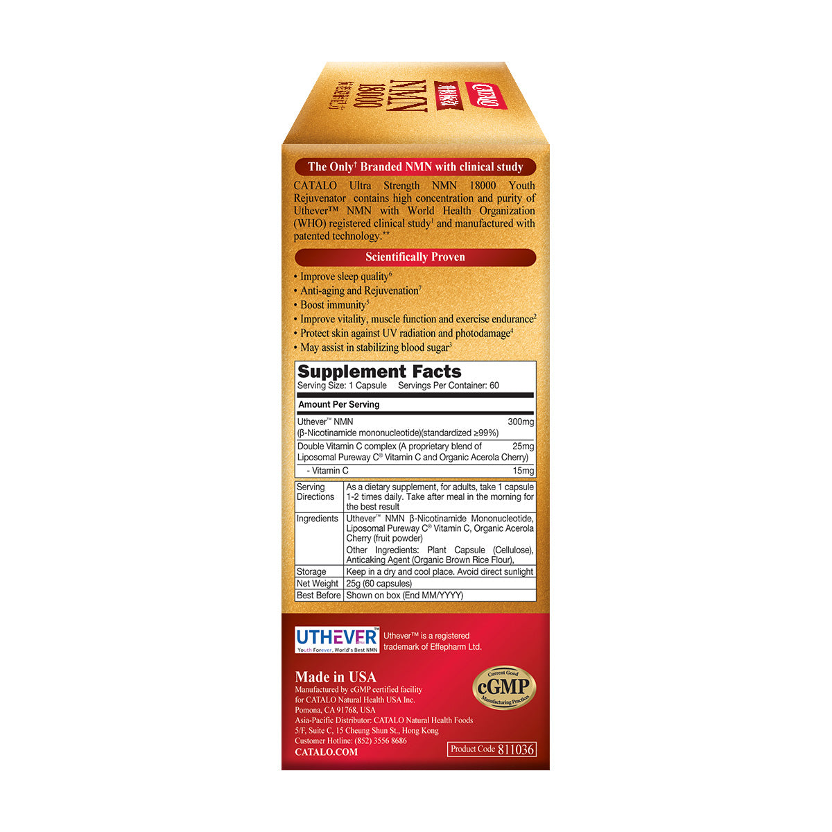 CATALO家得路極效NMN18000抗老60粒，含Uthever™ NMN及維他命C，逆齡抗老，提升活力，改善睡眠，增強免疫力，促進頭髮生長。