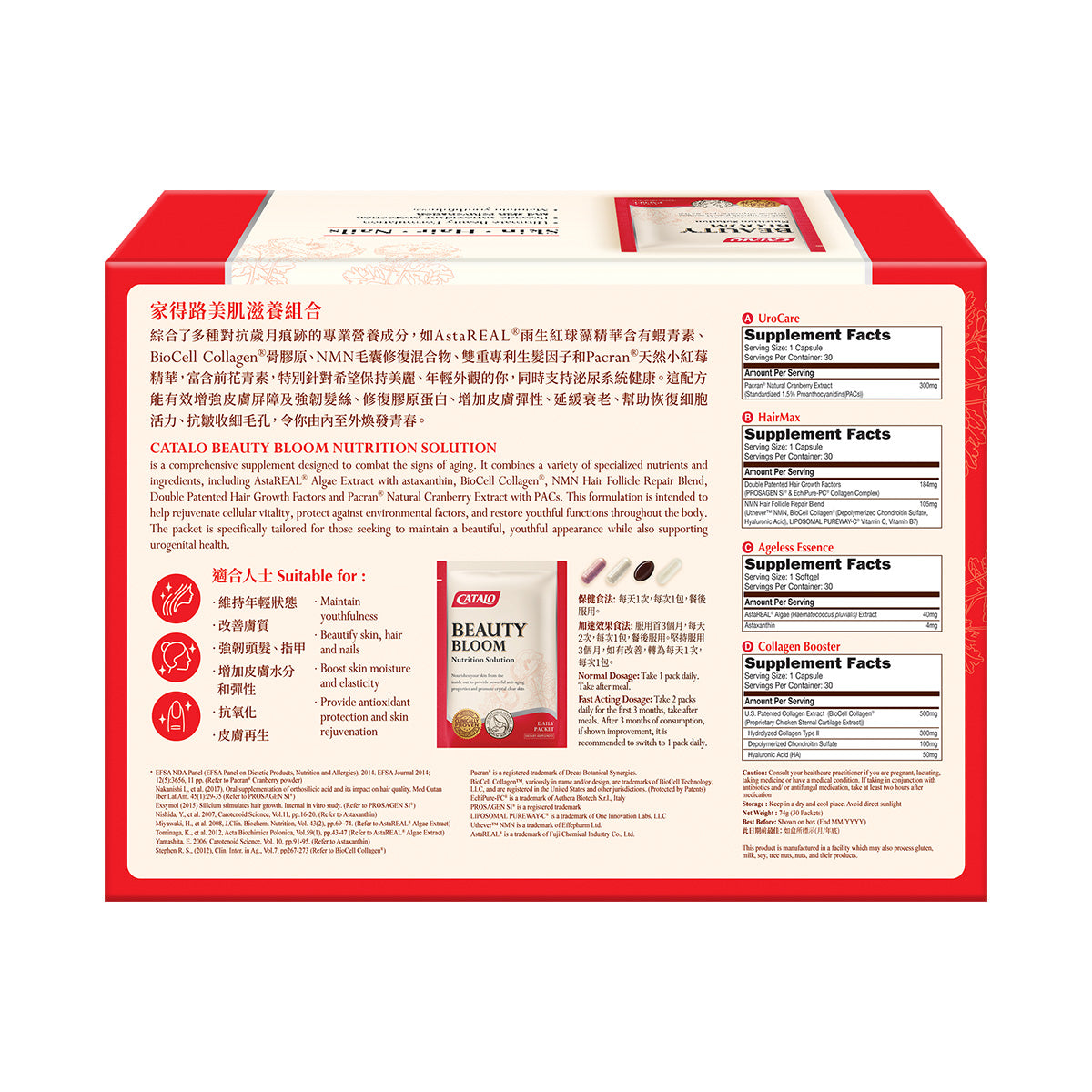 CATALO家得路美肌滋養組合 30包，含AstaREAL®蝦青素及BioCell Collagen®，抗老嫩膚，強韌頭髮，適合關注美肌人士。